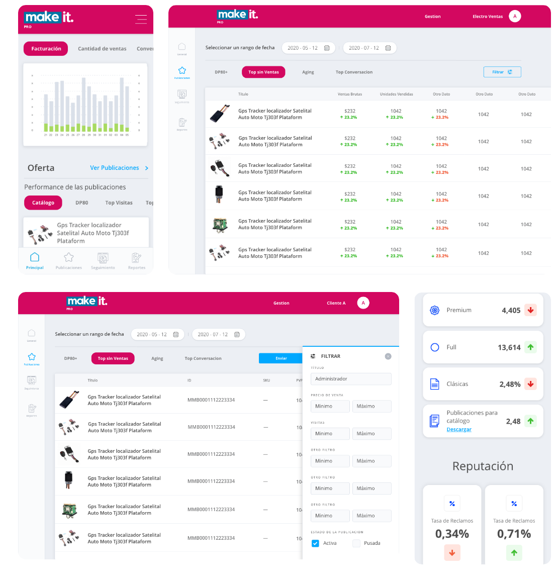 Various screens showing Make It Pro interface